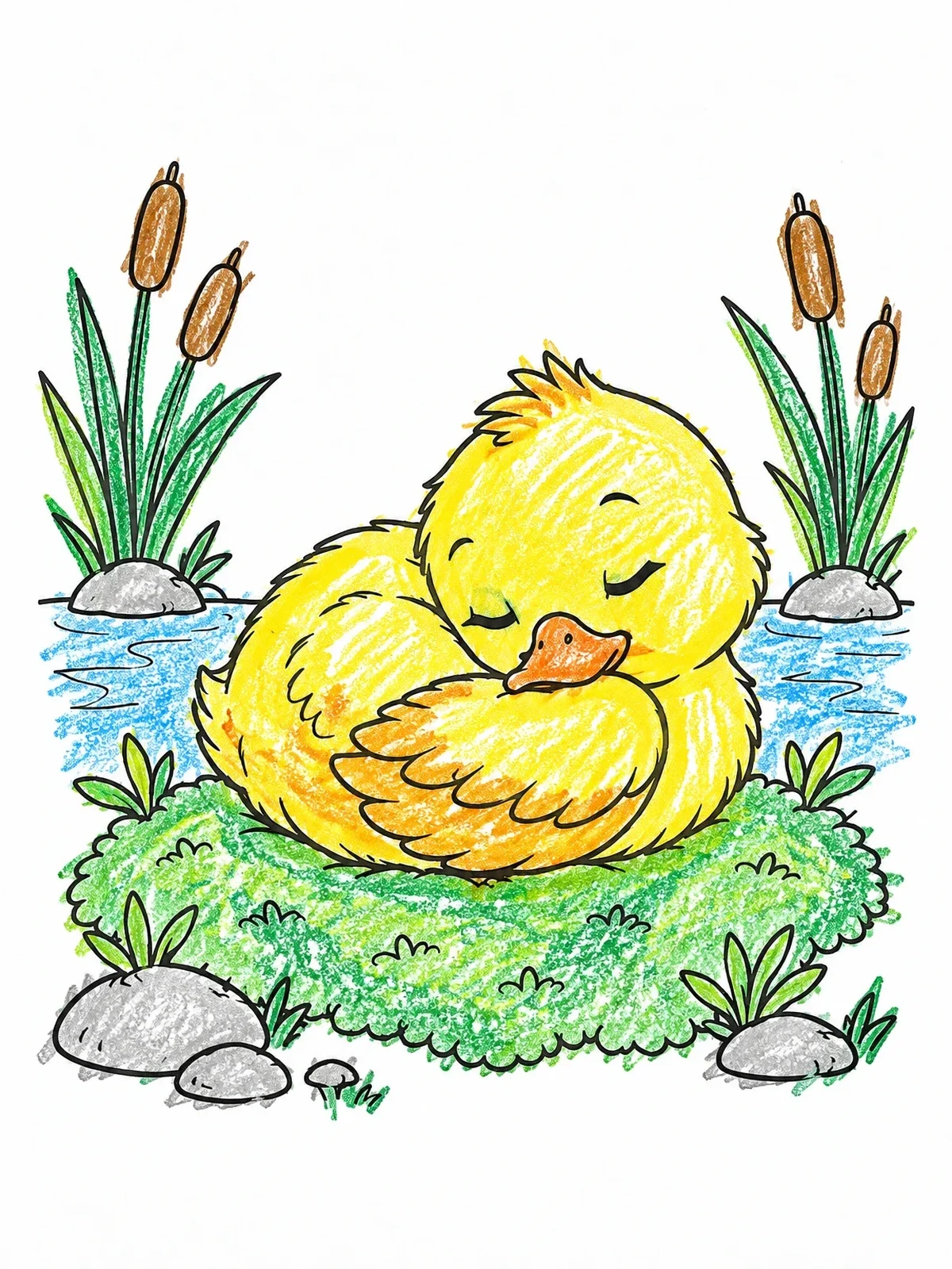 Colored example of the Sleeping Baby Duckling By The Pond coloring page
