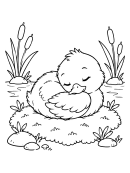 A peaceful duck coloring page showing a fluffy duckling asleep on a mossy bank.