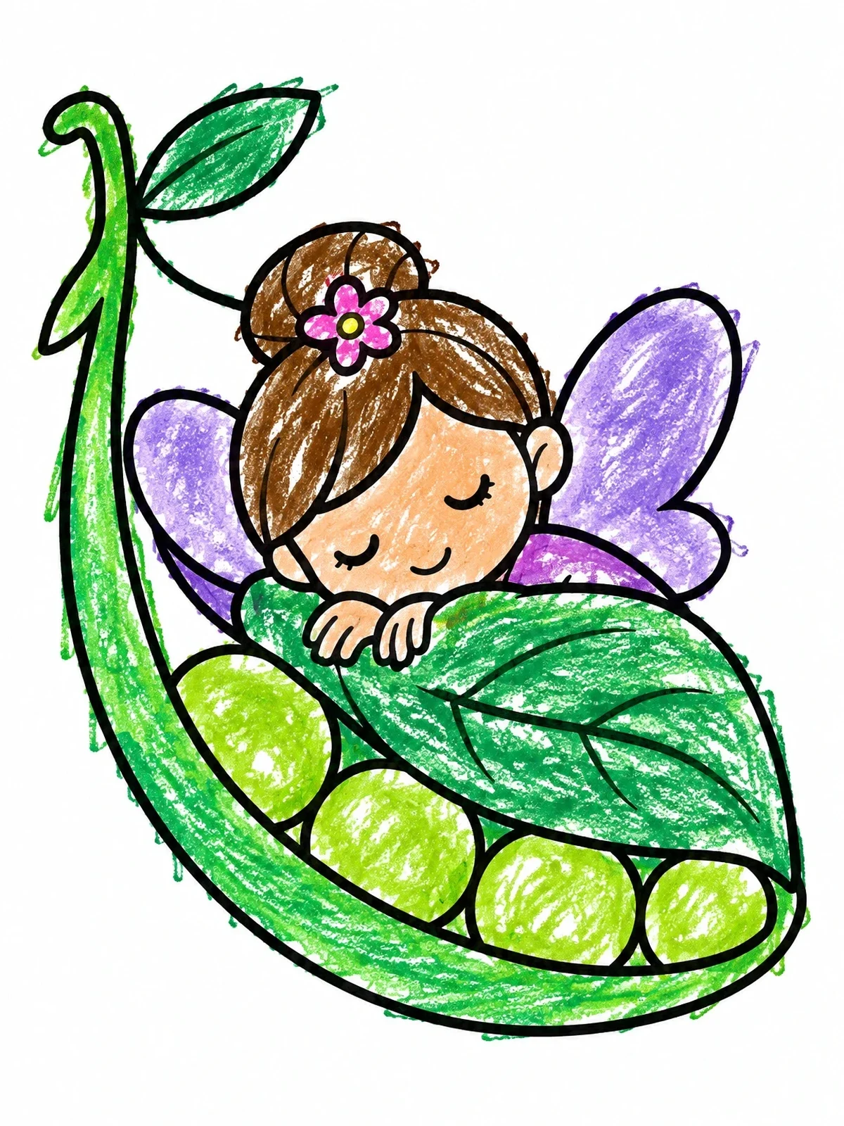 Colored example of the Sleeping Baby Fairy In A Pea Pod coloring page