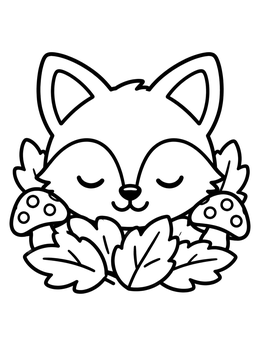 A peaceful baby fox coloring page resting behind autumn leaves and mushrooms.