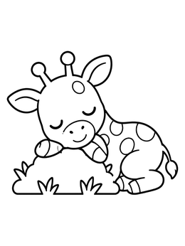 A cute giraffe coloring page of a sleeping baby calf resting on a mound of grass.