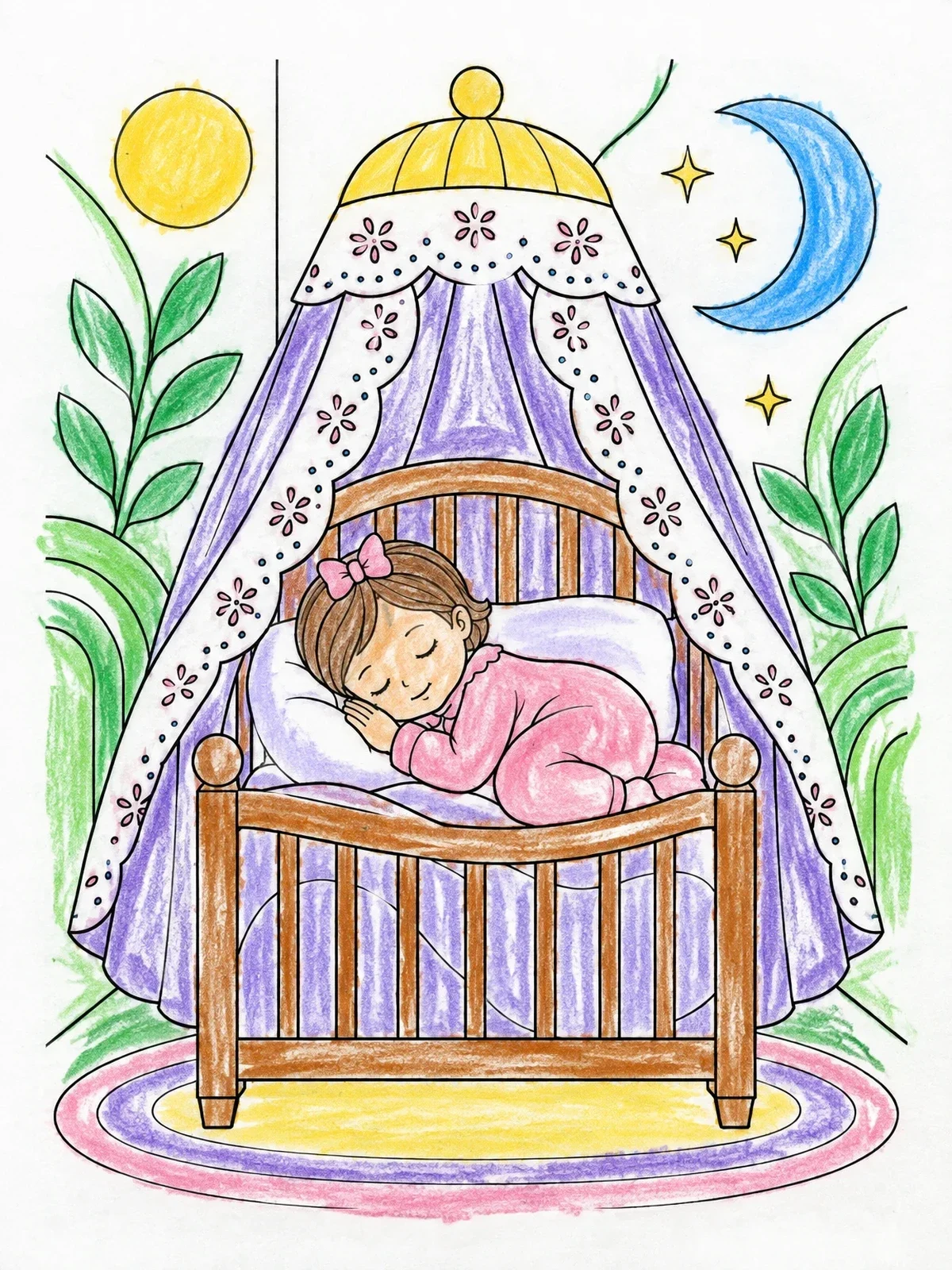 Colored example of the Sleeping Baby Girl In Crib With Canopy coloring page
