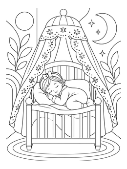 A peaceful baby girl coloring page featuring an infant asleep in a canopy crib.