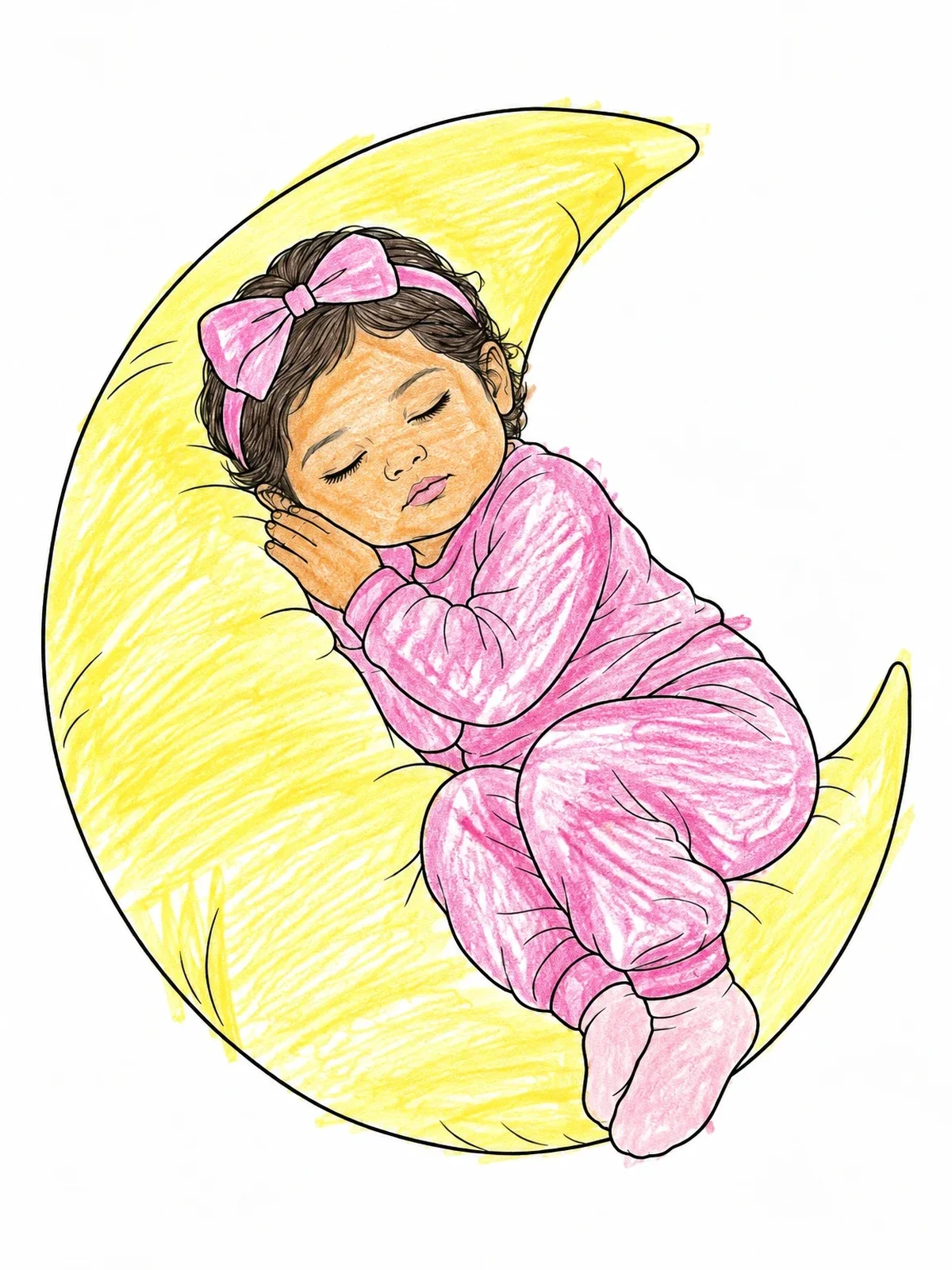 Colored example of the Sleeping Baby Girl On Moon Pillow coloring page