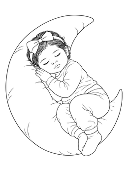 A realistic baby girl coloring page featuring an infant sleeping peacefully on a crescent moon pillow.