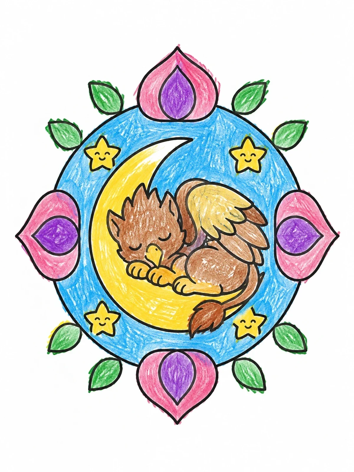 Colored example of the Sleeping Griffin On Crescent Moon coloring page
