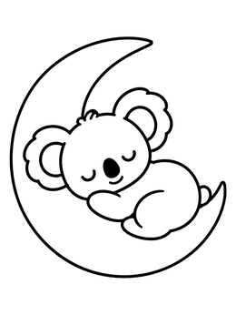 A sweet baby koala coloring page sleeping peacefully nestled on a crescent moon.