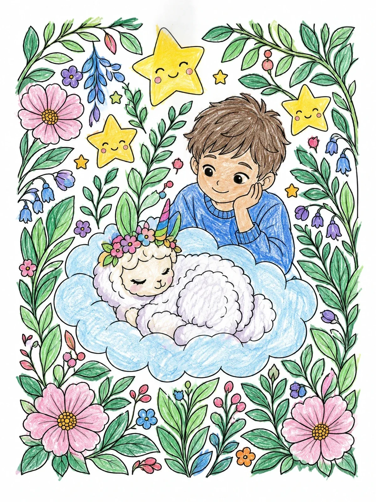 Colored example of the Sleeping Baby Llamacorn On A Cloud coloring page