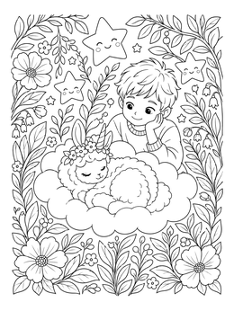 A peaceful llamacorn coloring page with a sleeping baby creature, a watching boy, stars, and flowers.