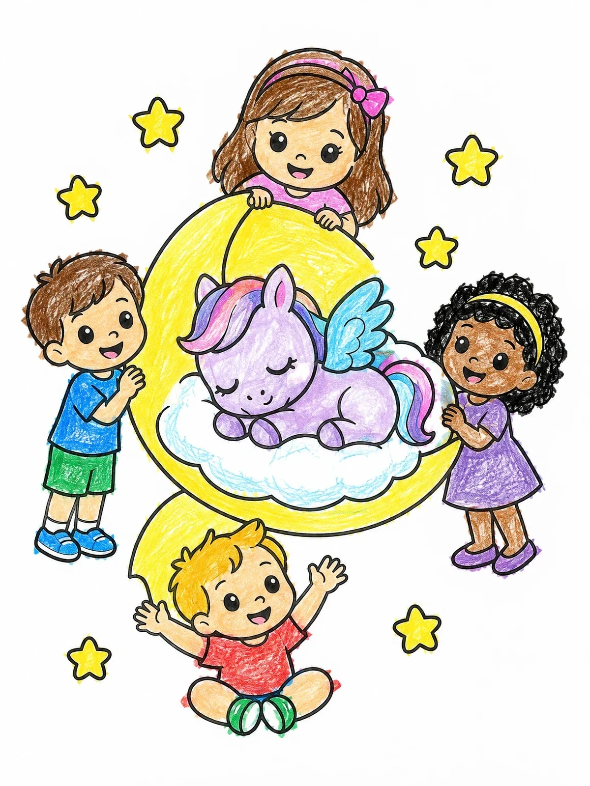Colored example of the Sleeping Baby Pegasus And Happy Children coloring page