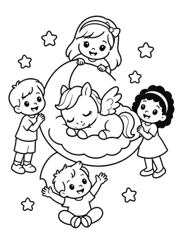 Free printable Sleeping Baby Pegasus And Happy Children coloring page