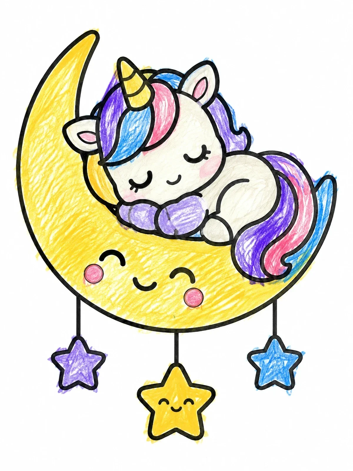 Colored example of the Sleeping Baby Unicorn On Crescent Moon coloring page