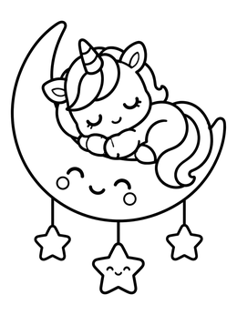 Free printable Sleeping Baby Unicorn On Crescent Moon coloring page
