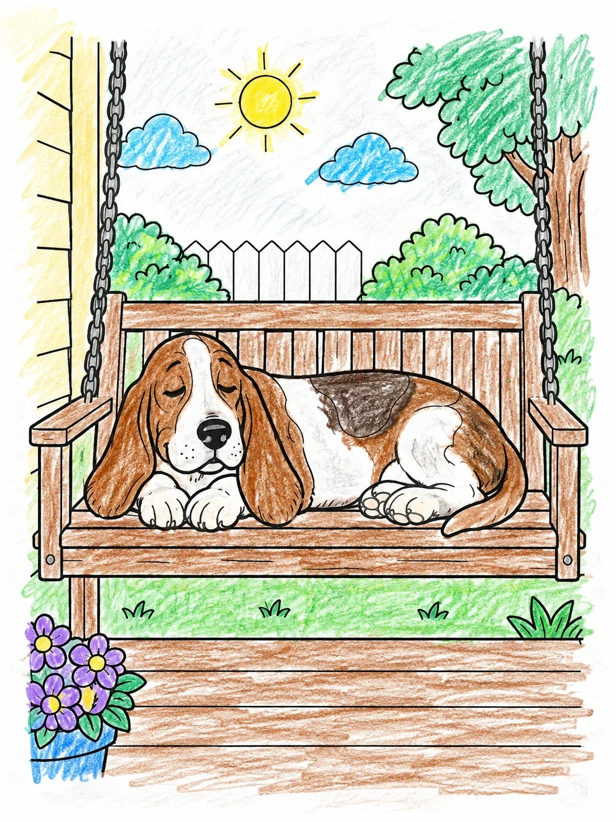 Colored example of the Sleeping Basset Hound On Porch Swing coloring page