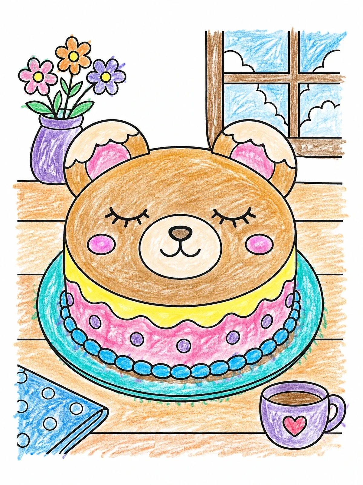Colored example of the Cute Sleeping Bear Celebration Cake coloring page