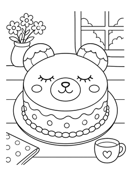 A sweet sleeping bear cake coloring page on a decorated table by a window.