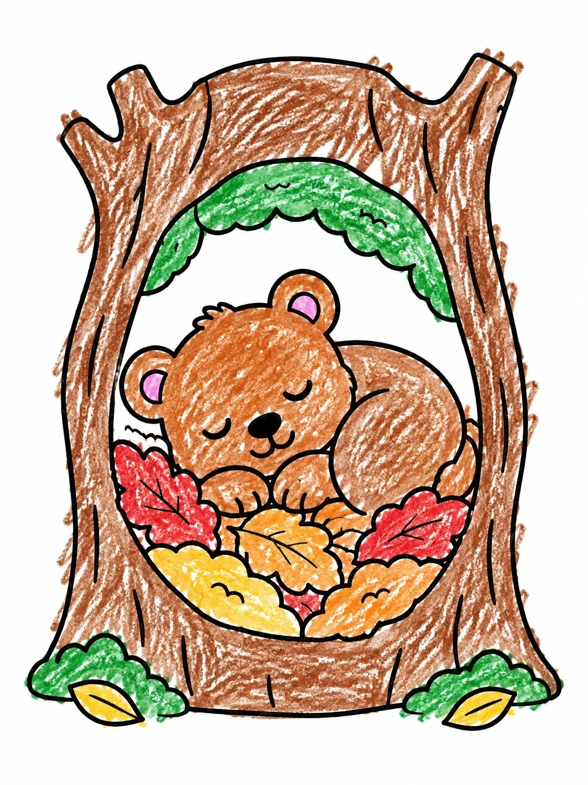 Colored example of the Sleeping Bear Cub In Tree Hollow coloring page