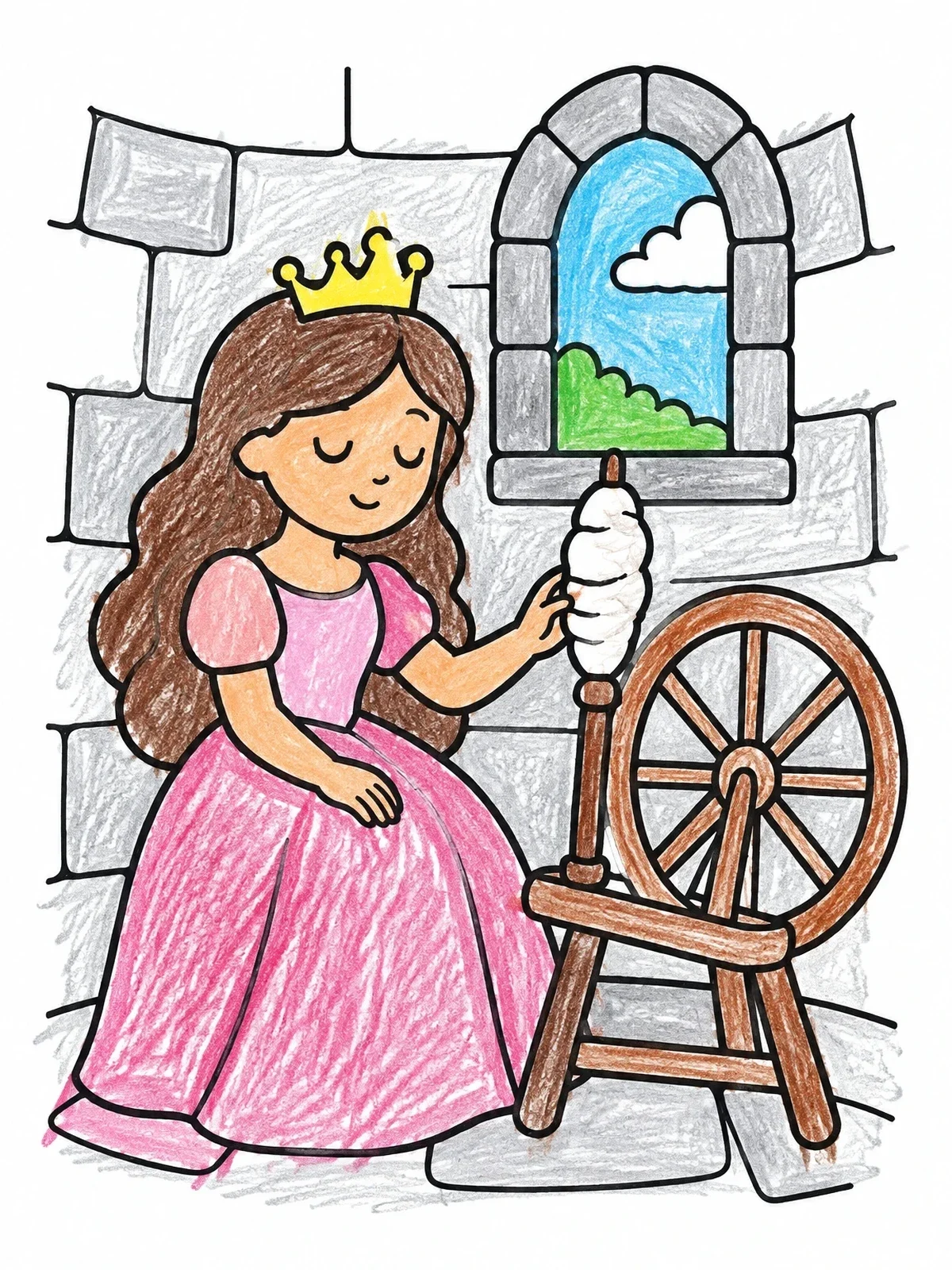 Colored example of the Sleeping Beauty And The Spinning Wheel coloring page