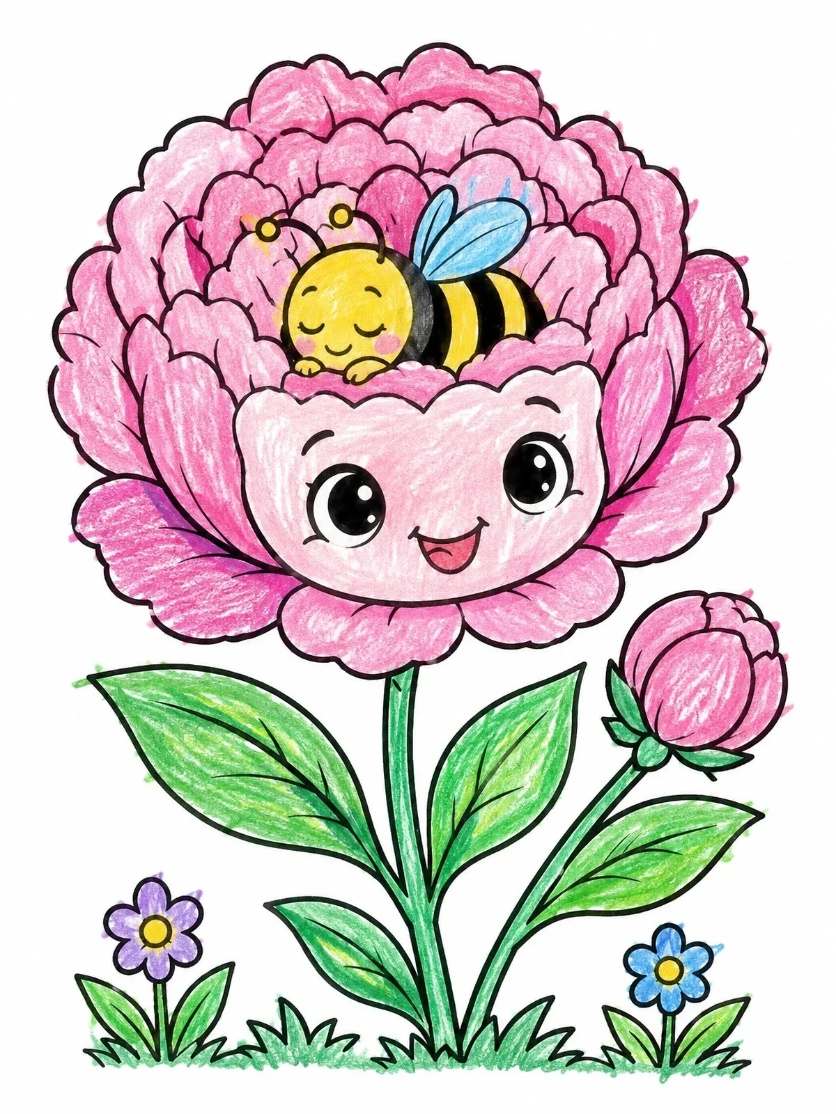 Colored example of the Sleeping Bee In A Peony Flower coloring page