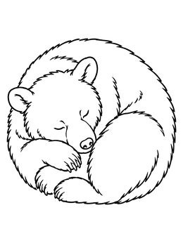 A sleeping black bear coloring page curled into a cozy round shape.