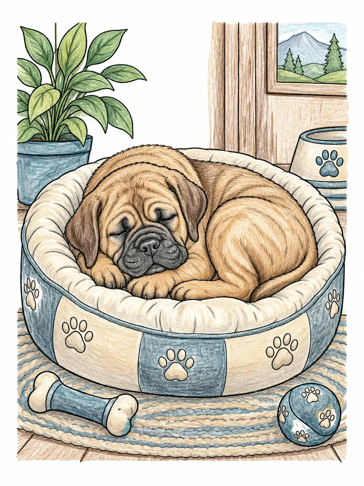 Colored example of the Sleeping Bullmastiff Puppy In Dog Bed coloring page