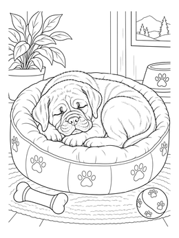 A peaceful bullmastiff coloring page showing a sleeping puppy curled up in its round bed indoors.