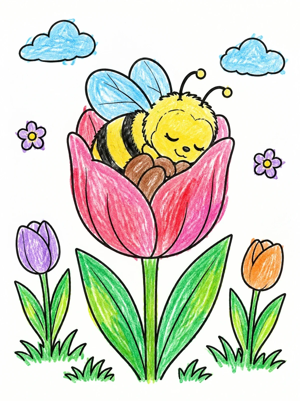 Colored example of the Sleeping Bumblebee In A Tulip coloring page