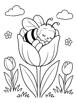A cute bee coloring page featuring a fluffy bumblebee taking a peaceful nap inside a tulip flower.