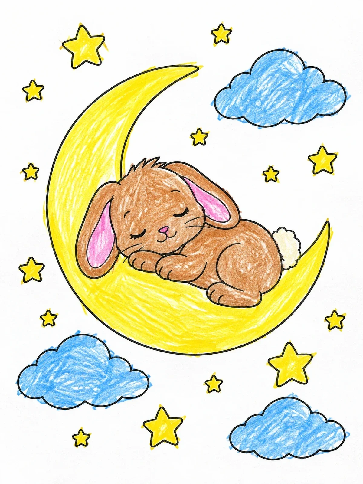 Colored example of the Sleeping Bunny On Crescent Moon coloring page