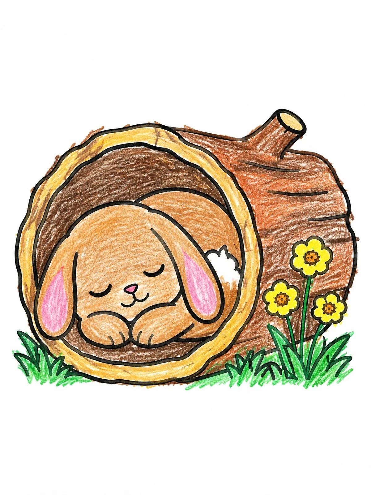 Colored example of the Sleeping Bunny In Hollow Log coloring page