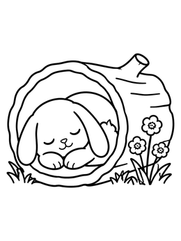 Free printable Sleeping Bunny In Hollow Log coloring page
