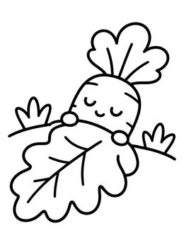 A cute carrot coloring page featuring a sleeping carrot tucked under a leaf.
