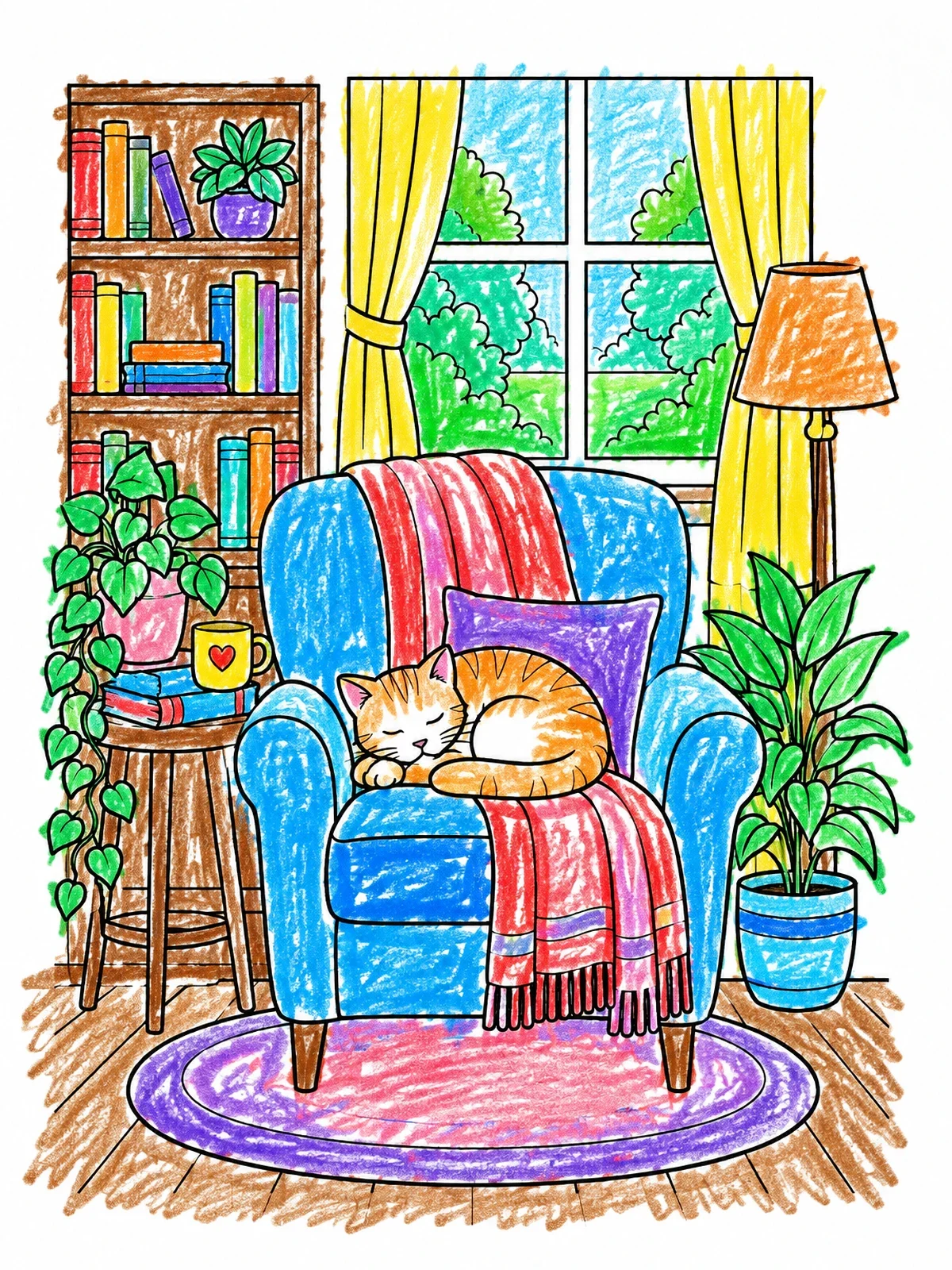 Colored example of the Sleeping Cat In Cozy Armchair coloring page
