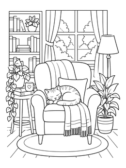 Free printable Sleeping Cat In Cozy Armchair coloring page