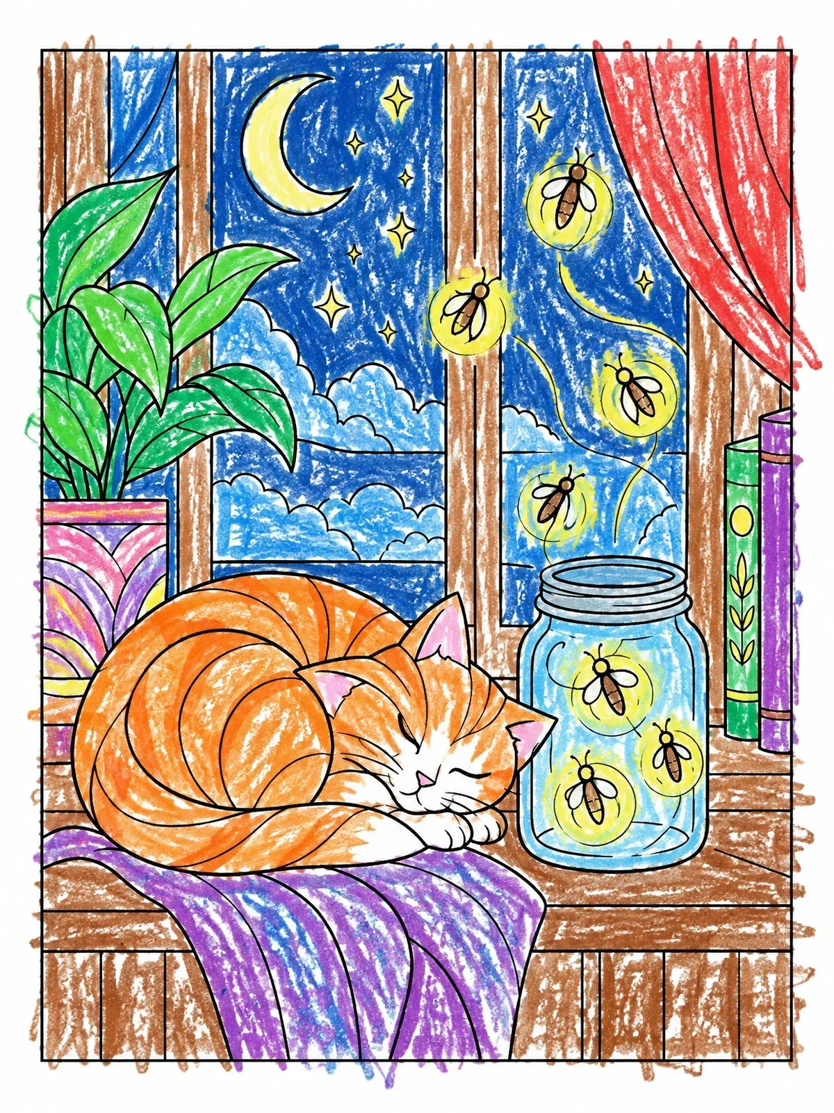 Colored example of the Sleeping Cat And Firefly Jar coloring page