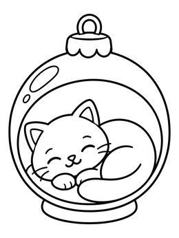 A cute sleeping kitten curled inside a glass ornament coloring page.