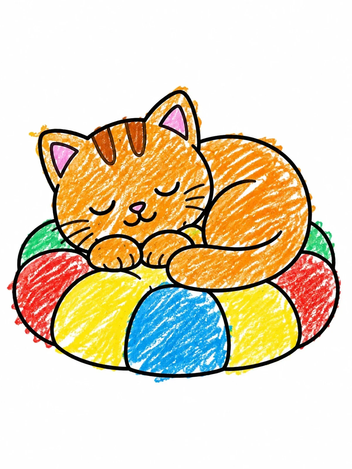Colored example of the Sleeping Cat On Quilted Cushion coloring page