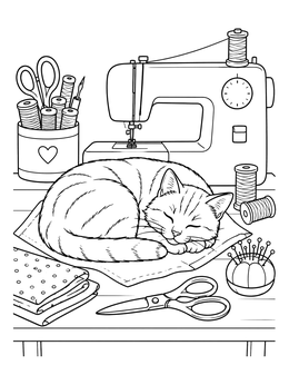 A peaceful sewing coloring page with a sleeping cat resting beside a sewing machine and craft tools.