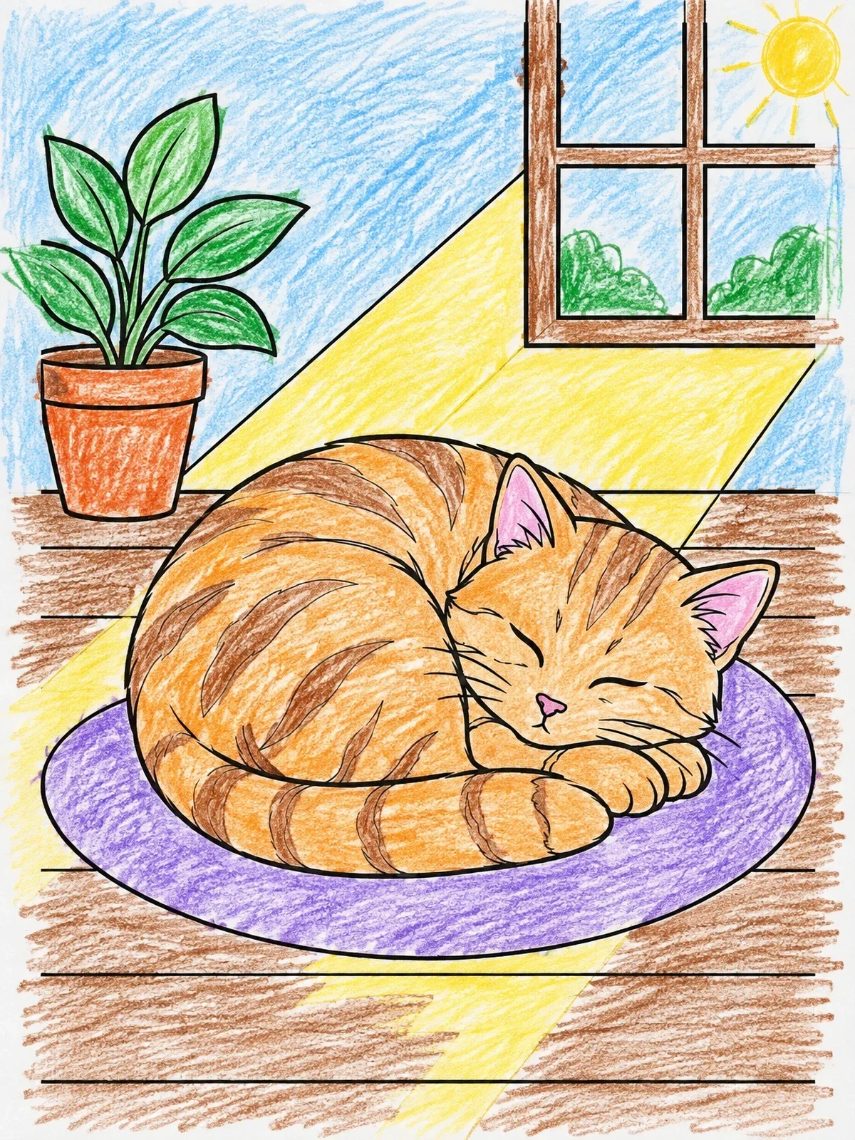 Colored example of the Sleeping Cat In A Sunbeam coloring page