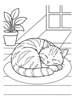 A peaceful cat sleeping on a rug in this sunbeam coloring page.