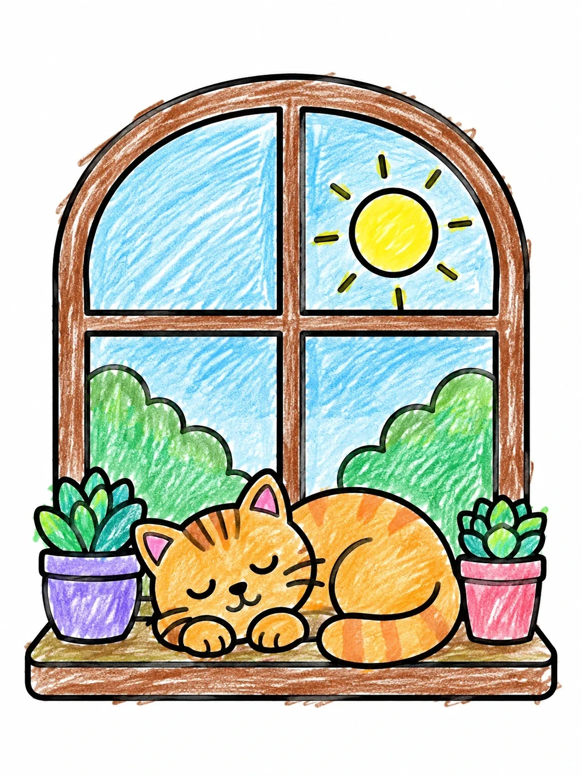 Colored example of the Sleeping Cat On Sunny Windowsill coloring page