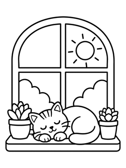 Free printable Sleeping Cat On Sunny Windowsill coloring page