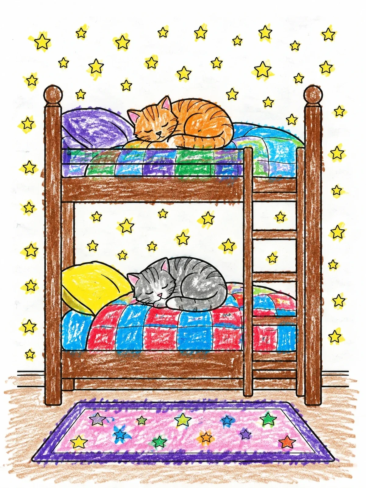 Colored example of the Sleeping Cats On A Bunk Bed coloring page