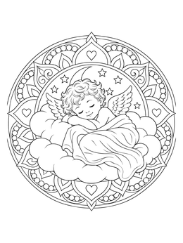 A sleeping cherub coloring page nestled in soft clouds inside an intricate mandala border.