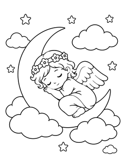 Free printable Sleeping Cherub On Crescent Moon coloring page