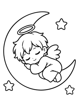 A cute sleeping angel anime coloring page resting peacefully on a crescent moon surrounded by stars.