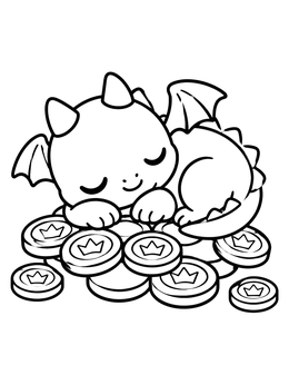 Free printable Sleeping Chibi Dragon On Gold Coins coloring page