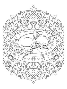 A sleeping chihuahua coloring page featuring an ornate floral mandala frame.