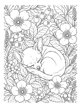 A peaceful chihuahua coloring page featuring a sleeping pup curled up surrounded by blooming wild roses.