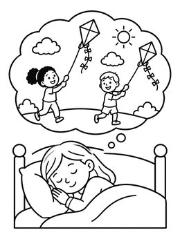 Free printable Child Dreaming Of Flying Kites coloring page